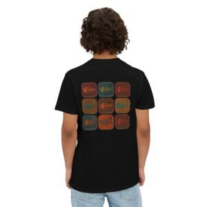 Unisex Garment-Dyed Pocket T-Shirt for Outdoor Lovers - Comfort Colors 6030 - 9 Sardine Skeleton Cans in a Grid - Leather and Stitch Patch Look